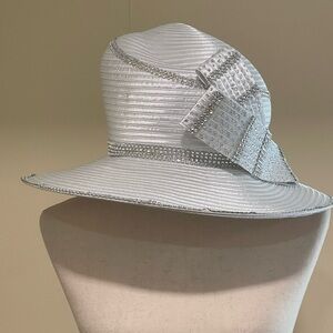 GMI Kettle Bucket Hat With Bow Rhinestones Church Wedding Derby Party Ivory OS